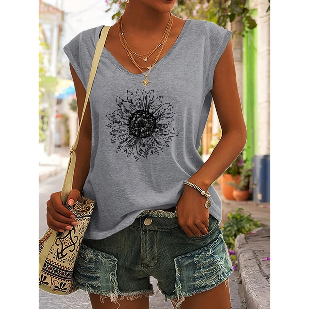 Camiseta sin Mangas para Mujer con Cuello en V – Estampado Verano, Estilo Casual