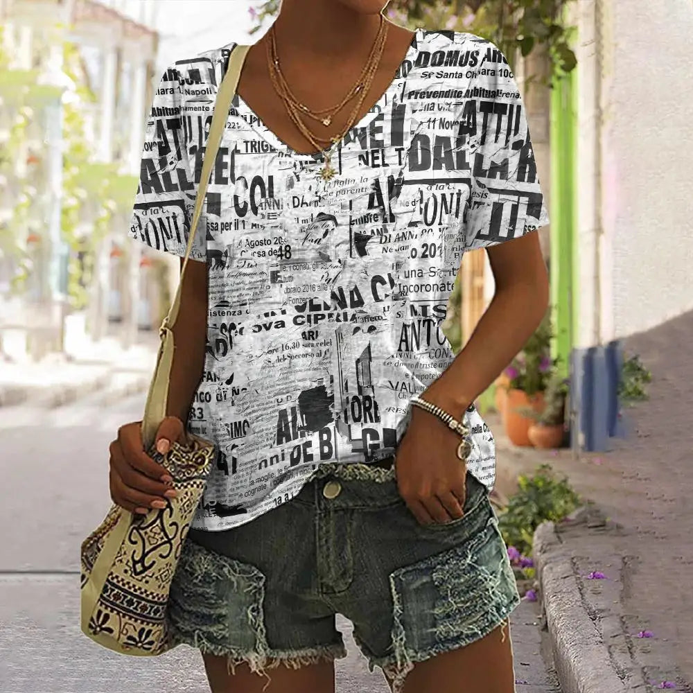 Camiseta Vintage de verano con estampado – Camiseta de cuello en V