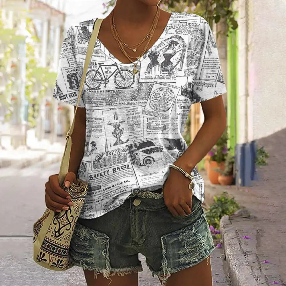 Camiseta Vintage de verano con estampado – Camiseta de cuello en V