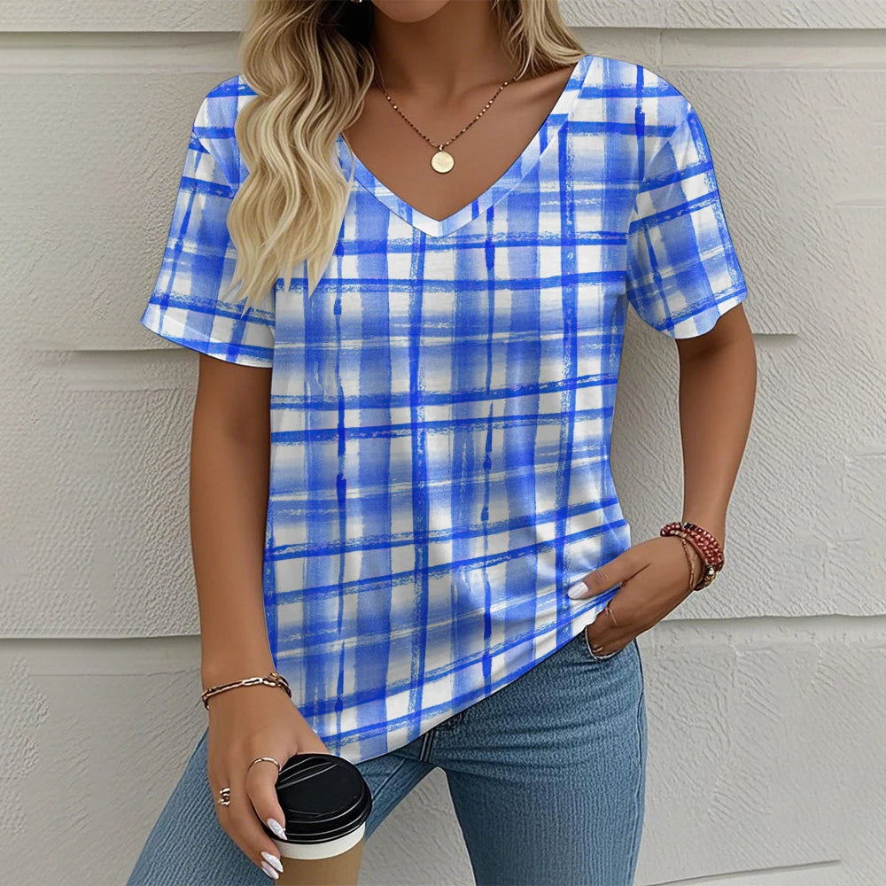 Camiseta Vintage para Mujer con Cuello en V – Top Casual con Estampado de Cuadros para Verano