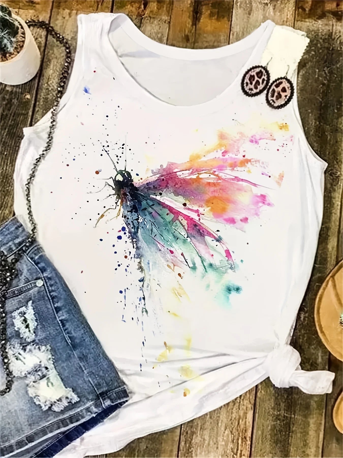 Summer Sleeveless T-shirt – Colorful Dragonfly Print, Loose Fit