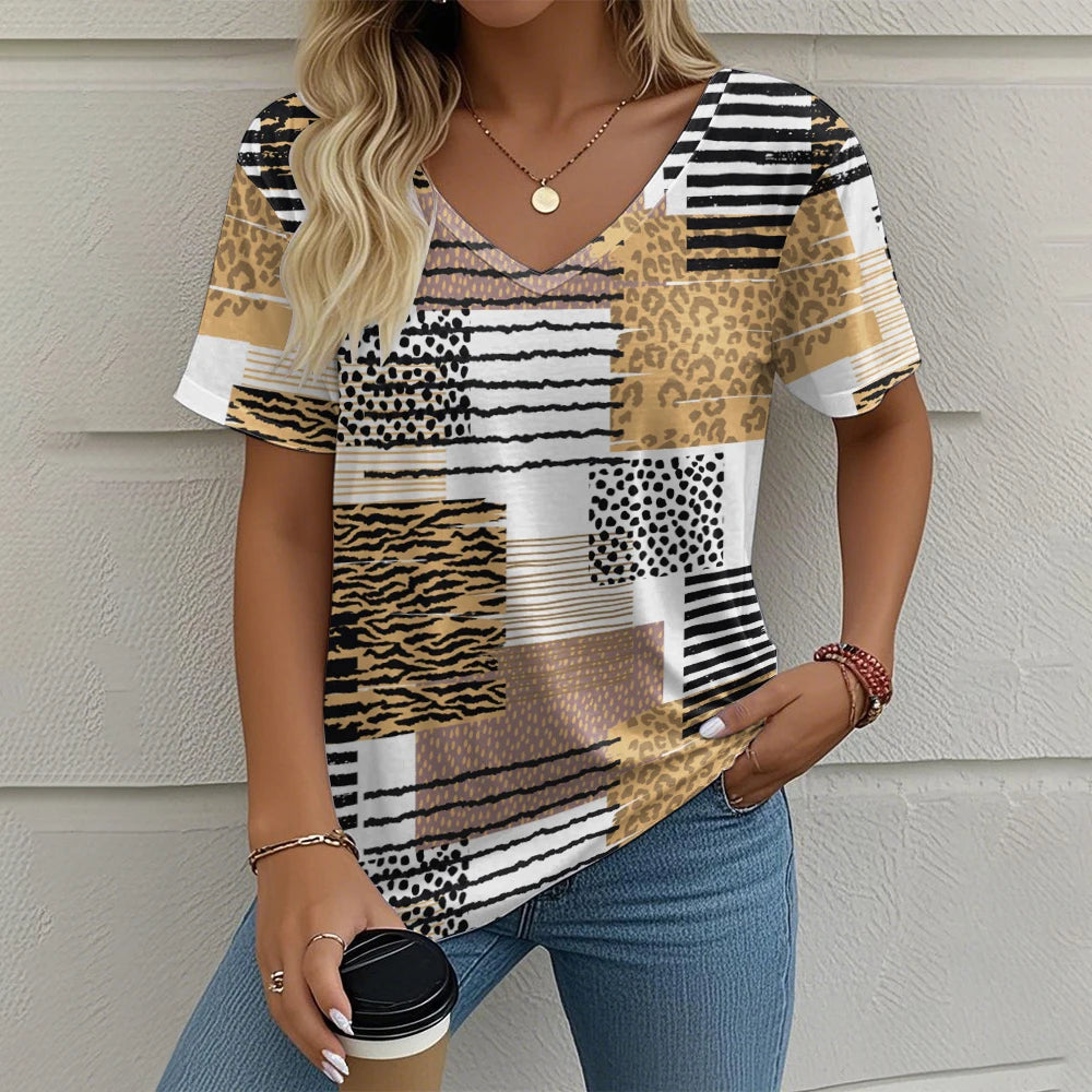 Camiseta Vintage para Mujer con Cuello en V – Top Casual con Estampado de Cuadros para Verano