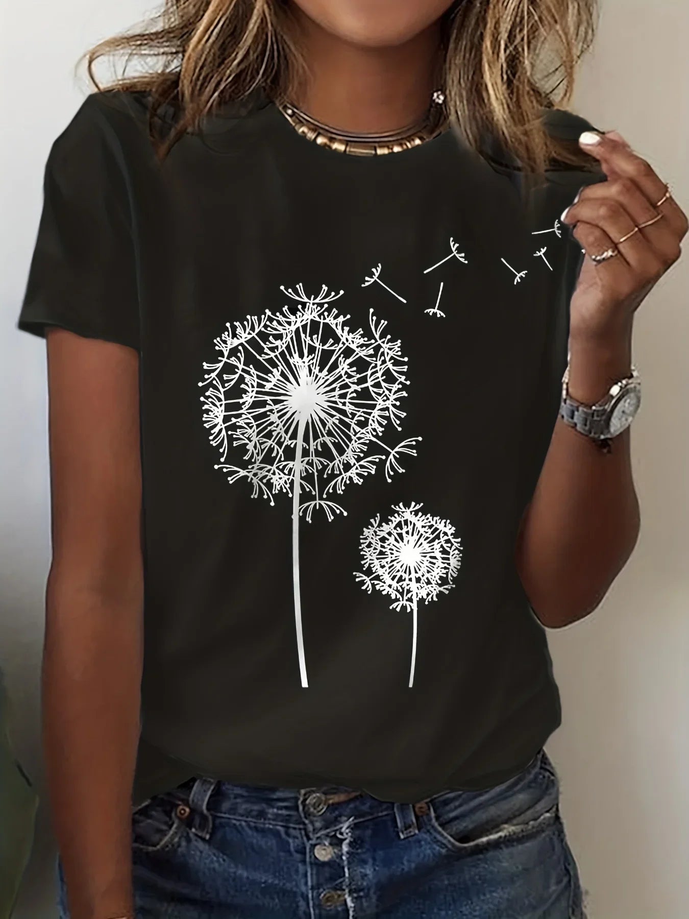 Women's Dandelion Print T-Shirt - Round Neck, Short Sleeve, Casual Style for Spring and Summer