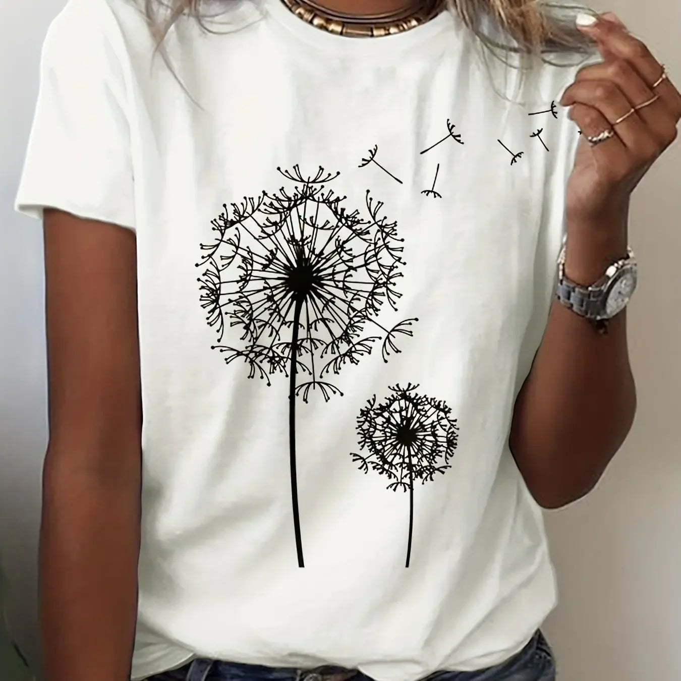 Women's Dandelion Print T-Shirt - Round Neck, Short Sleeve, Casual Style for Spring and Summer