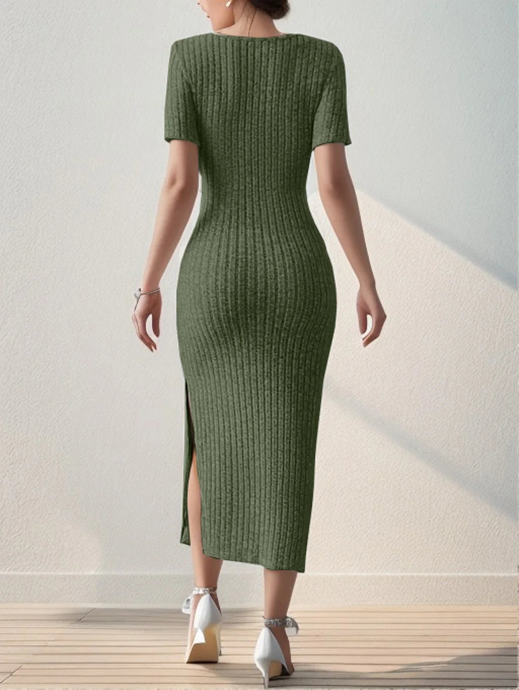 Summer dress – Square neck, short sleeves and elegant knitted slit