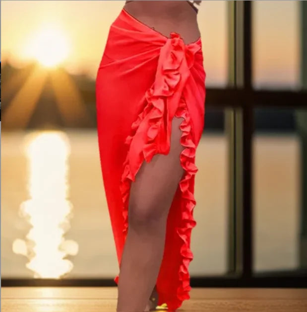 Pareo con volante – Falda larga unicolor de playa en 5 colores