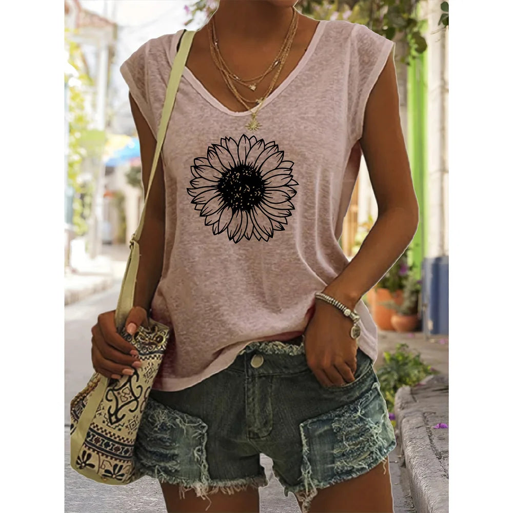 Camiseta sin Mangas para Mujer con Cuello en V – Estampado Verano, Estilo Casual
