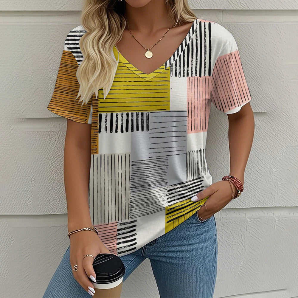 Camiseta Vintage para Mujer con Cuello en V – Top Casual con Estampado de Cuadros para Verano