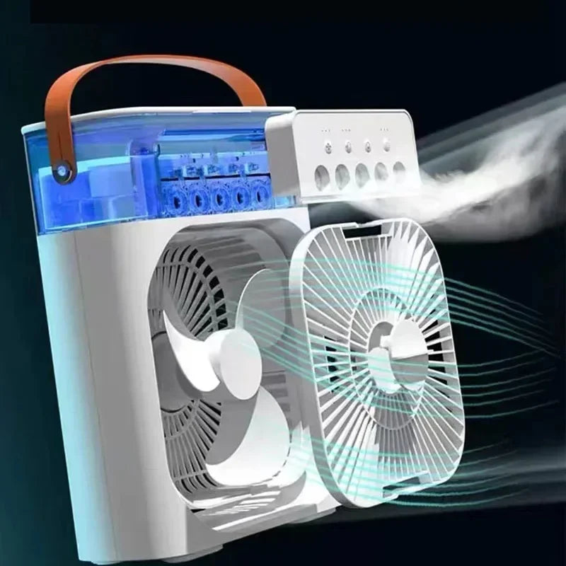 Ventilador 3 en 1 con Humidificador, Luz LED Nocturna y Aire Acondicionado Personal – Portátil, Silencioso y Recargable por USB