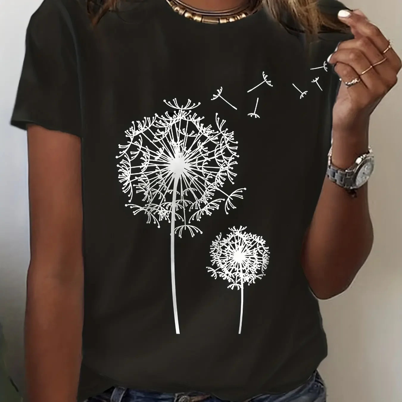 Women's Dandelion Print T-Shirt - Round Neck, Short Sleeve, Casual Style for Spring and Summer