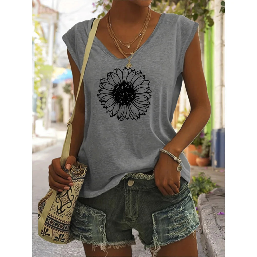 Camiseta sin Mangas para Mujer con Cuello en V – Estampado Verano, Estilo Casual