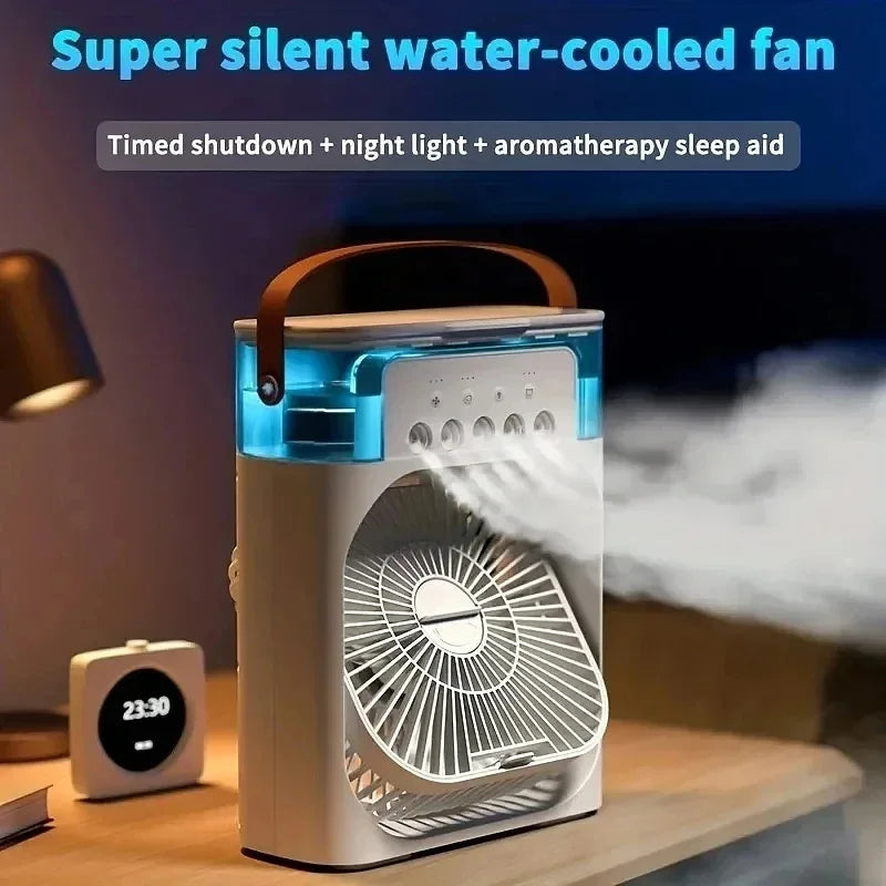 Ventilador 3 en 1 con Humidificador, Luz LED Nocturna y Aire Acondicionado Personal – Portátil, Silencioso y Recargable por USB