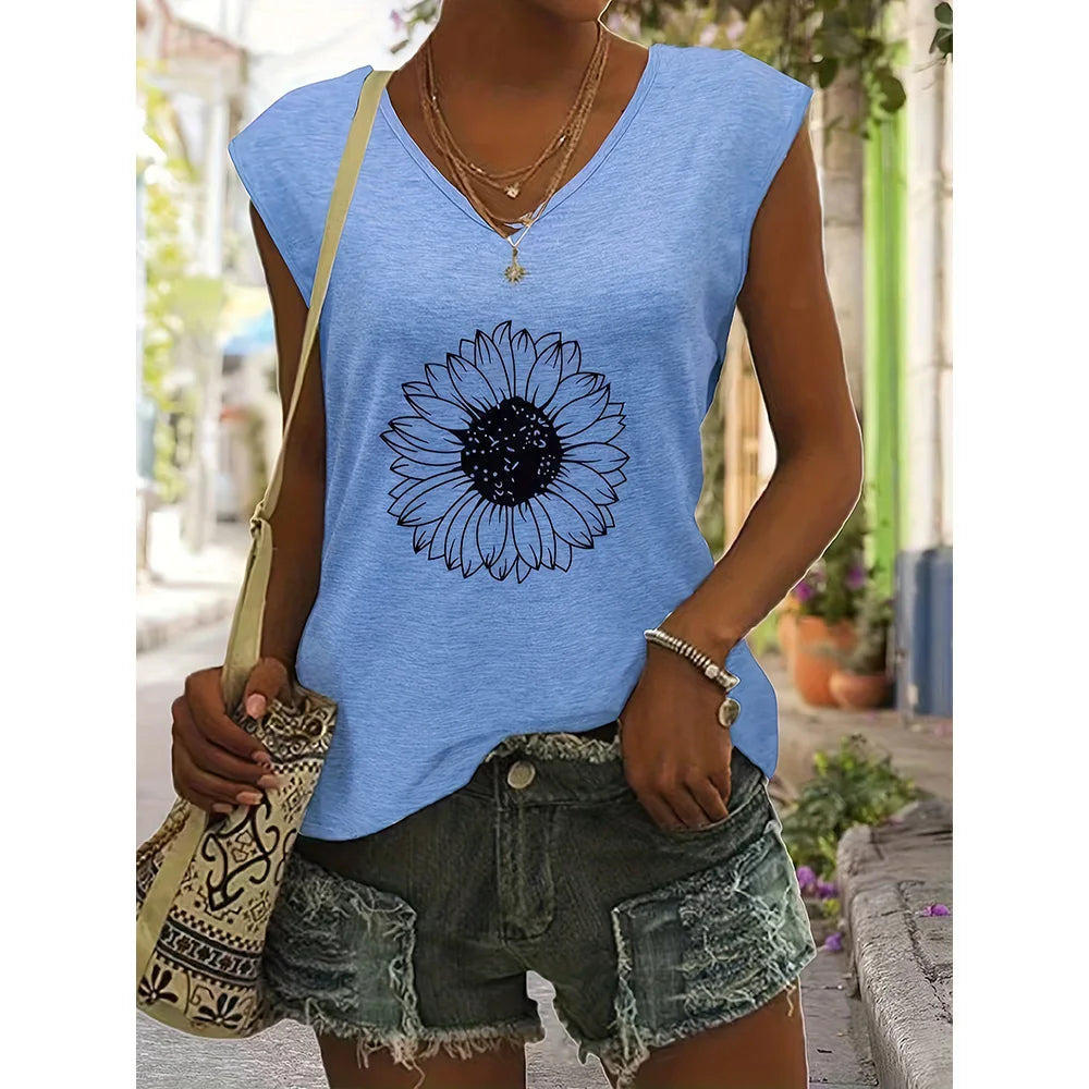 Camiseta sin Mangas para Mujer con Cuello en V – Estampado Verano, Estilo Casual