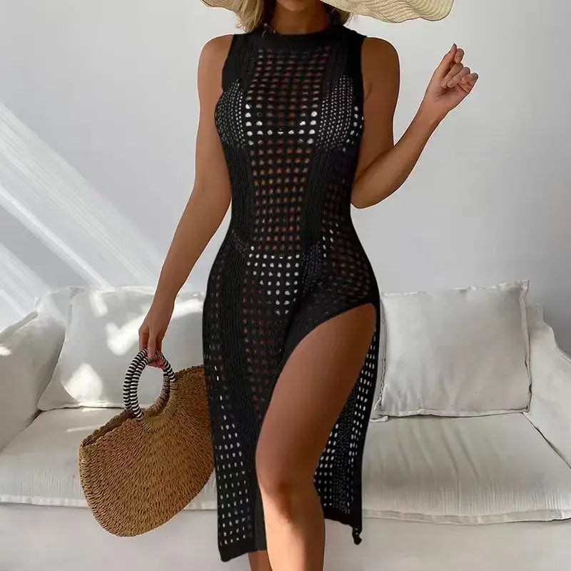Vestido de Playa Tipo Ganchillo para Mujer – Cobertor Sexy sin Mangas con Abertura Lateral