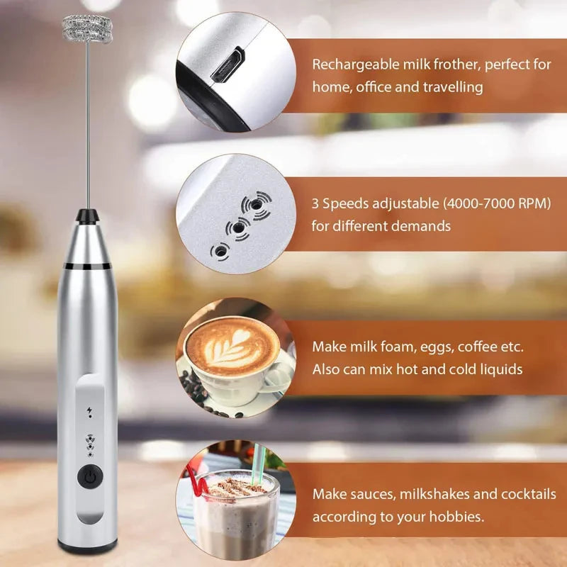 Portable USB Electric Milk Frother – Coffee, Cream, and Egg Whisk with 3 Modes