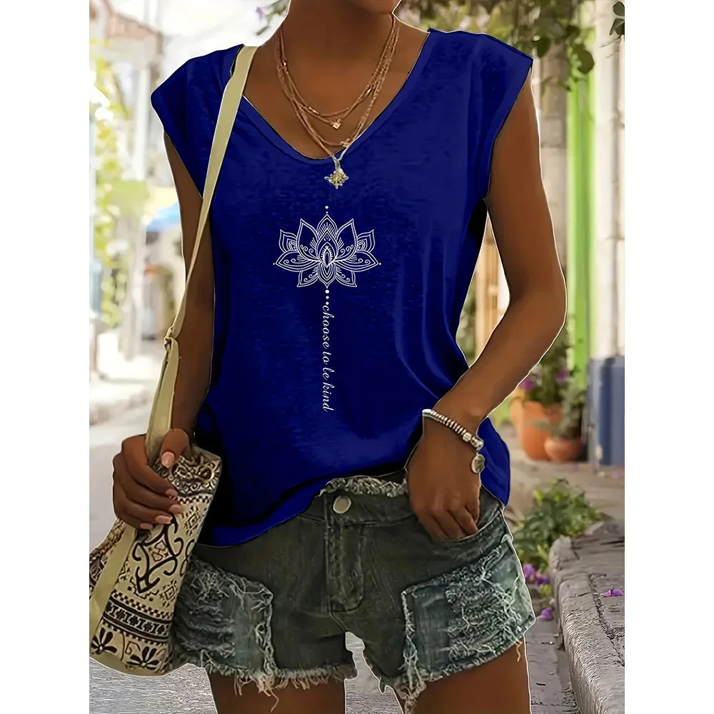 Camiseta sin Mangas para Mujer con Cuello en V – Estampado Verano, Estilo Casual
