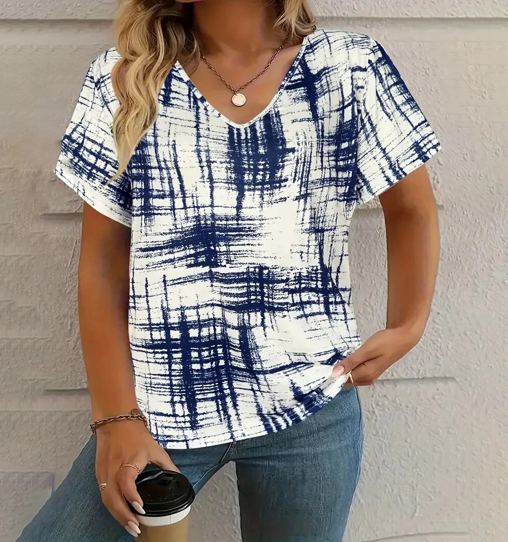 Camiseta Vintage para Mujer con Cuello en V – Top Casual con Estampado de Cuadros para Verano