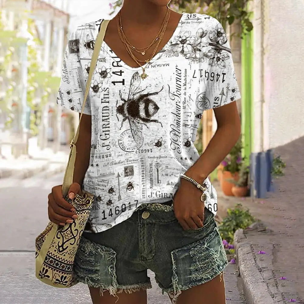 Camiseta Vintage de verano con estampado – Camiseta de cuello en V
