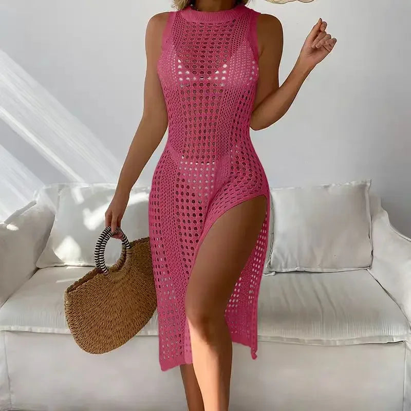Vestido de Playa Tipo Ganchillo para Mujer – Cobertor Sexy sin Mangas con Abertura Lateral
