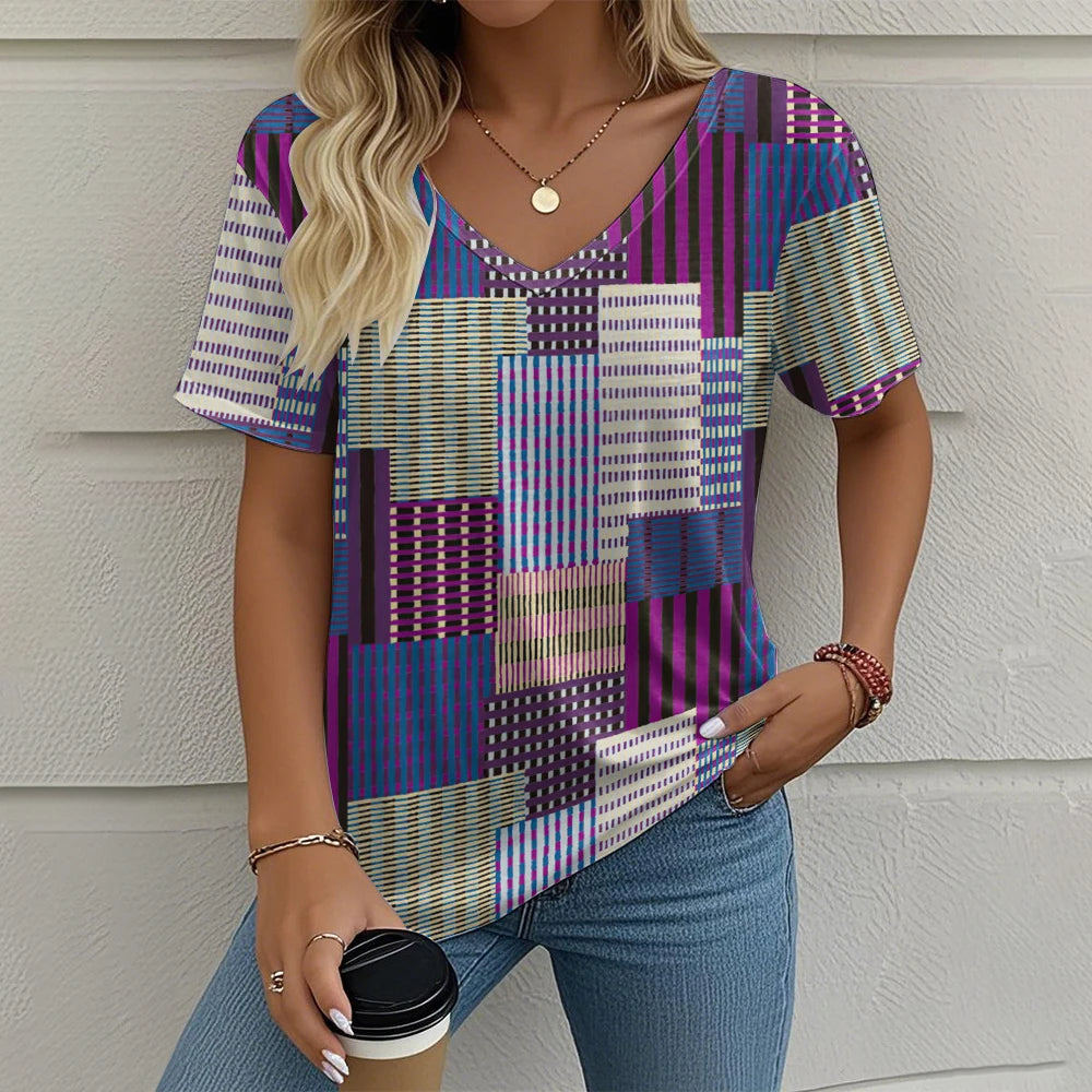 Camiseta Vintage para Mujer con Cuello en V – Top Casual con Estampado de Cuadros para Verano