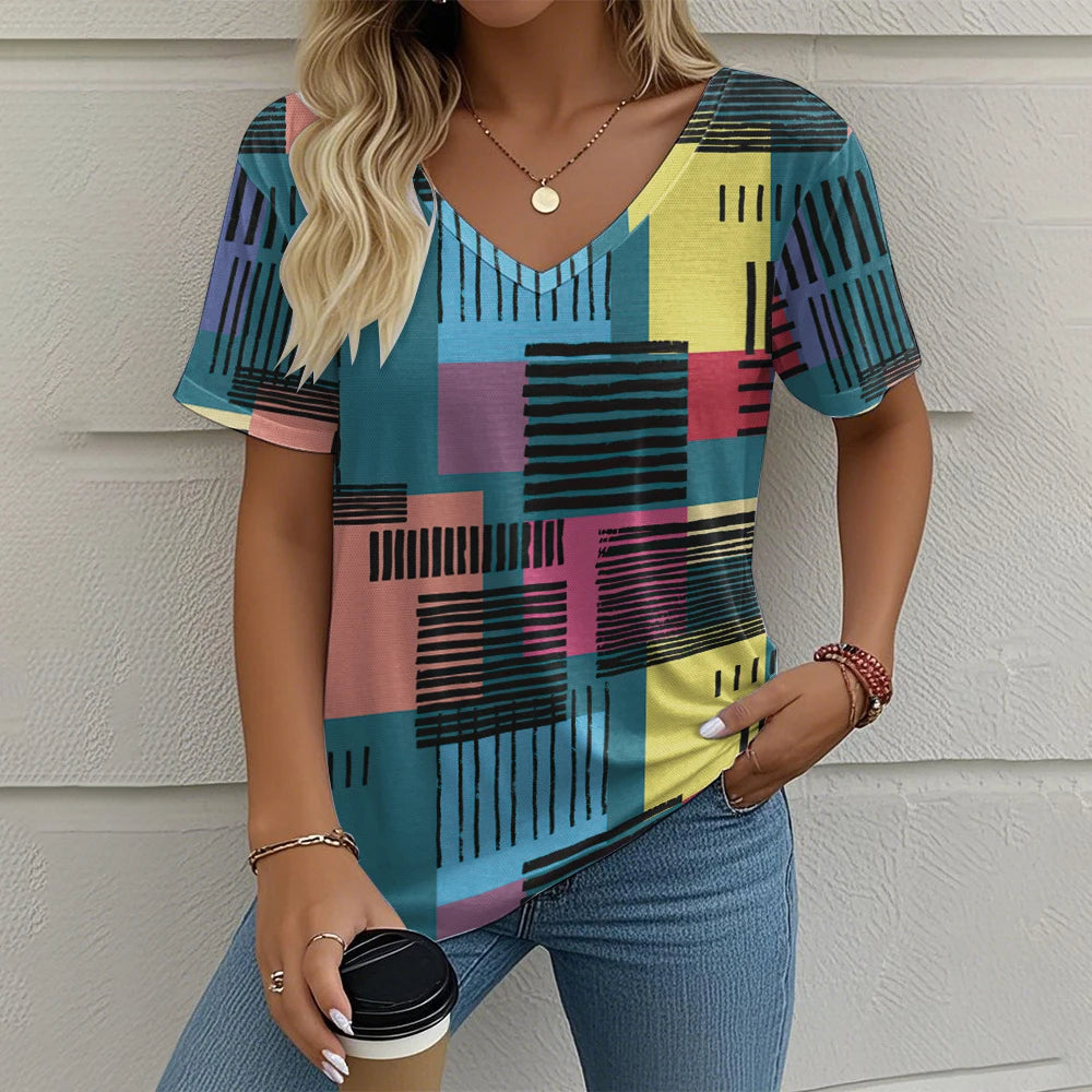 Camiseta Vintage para Mujer con Cuello en V – Top Casual con Estampado de Cuadros para Verano