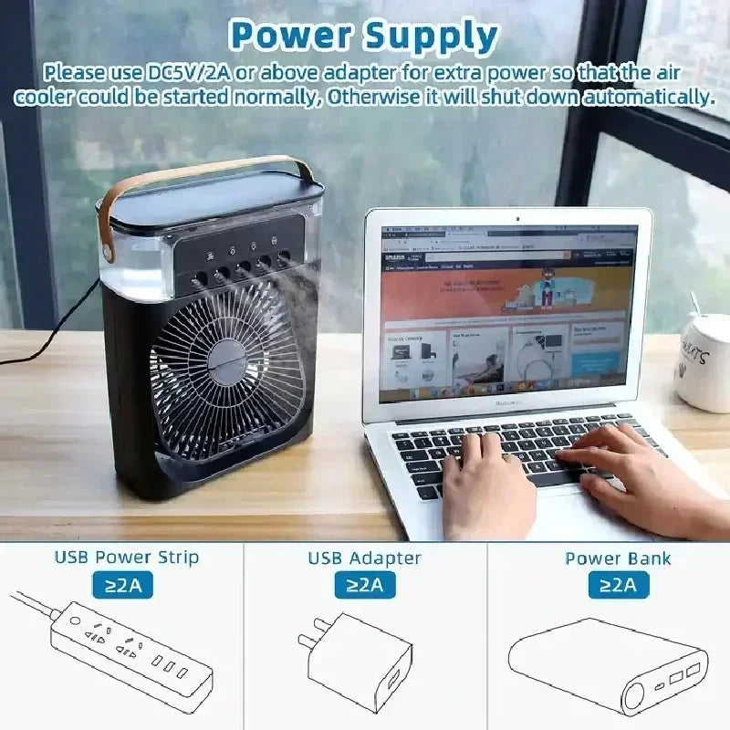 Ventilador 3 en 1 con Humidificador, Luz LED Nocturna y Aire Acondicionado Personal – Portátil, Silencioso y Recargable por USB