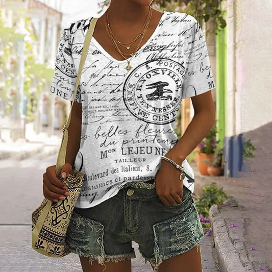 Vintage Summer Printed T-Shirt – V-Neck T-Shirt 
