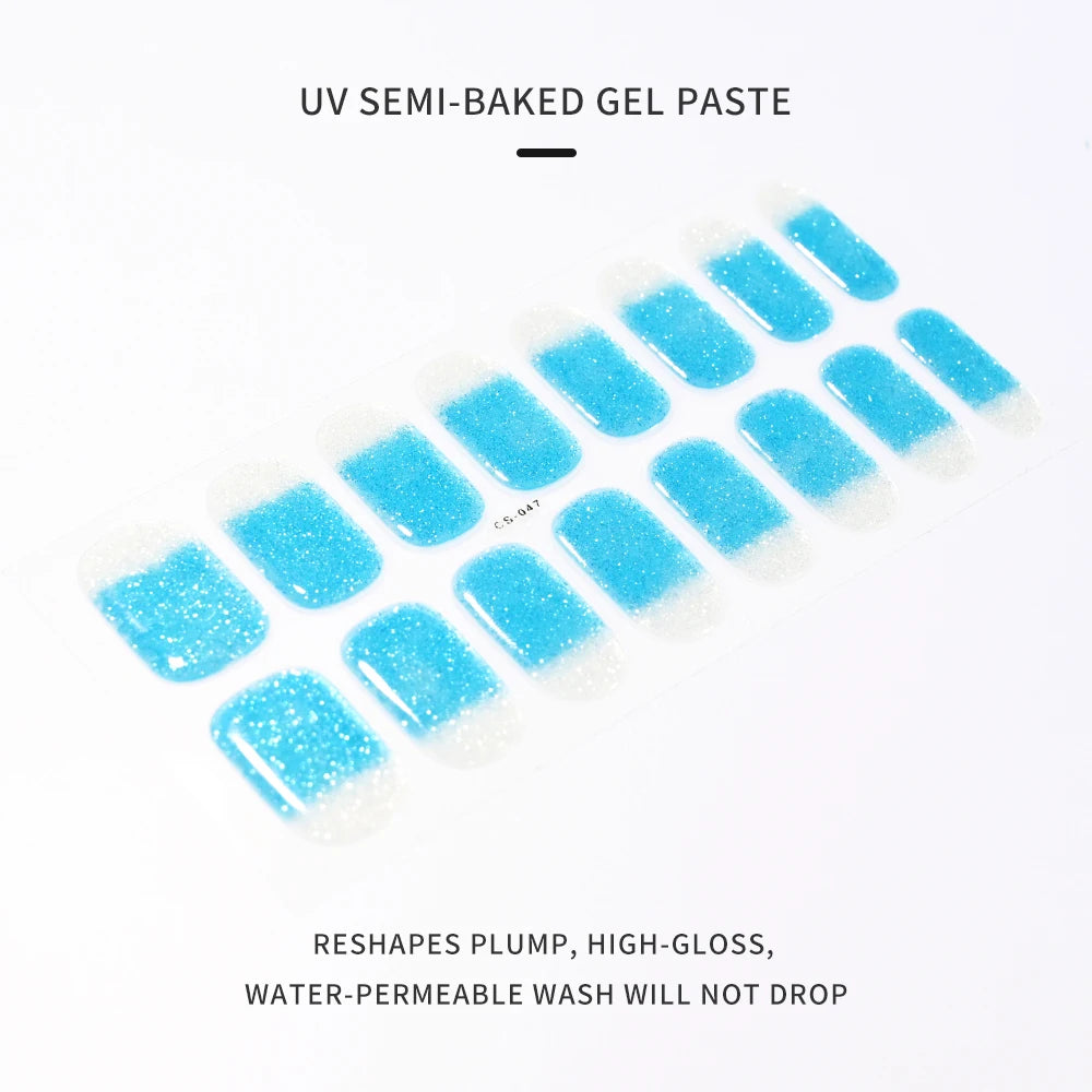 Uñas en gel semicurado UV – 16 tiras adhesivas 5D de larga duración, acabado profesional