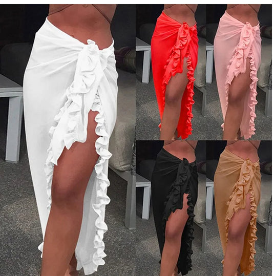 Pareo con volante – Falda larga unicolor de playa en 5 colores