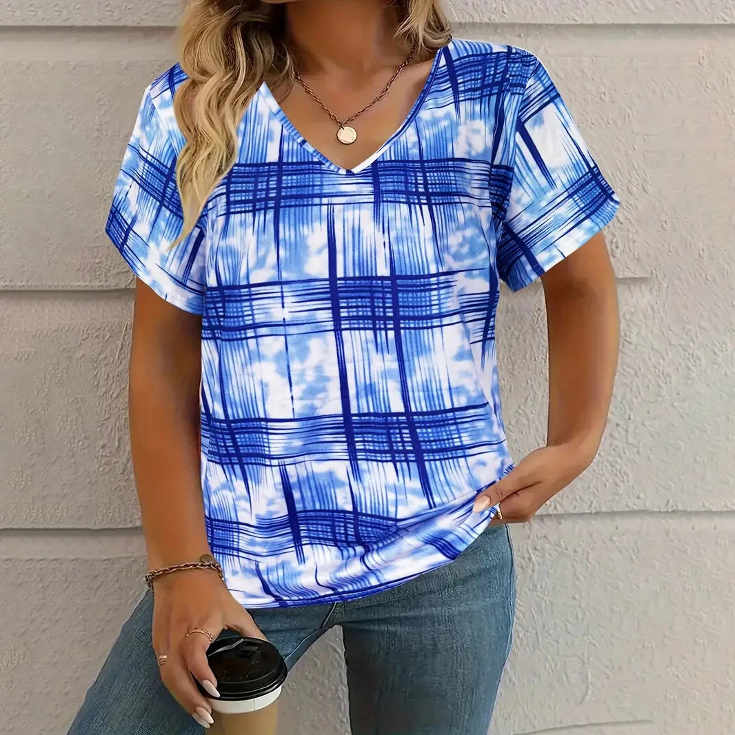 Camiseta Vintage para Mujer con Cuello en V – Top Casual con Estampado de Cuadros para Verano