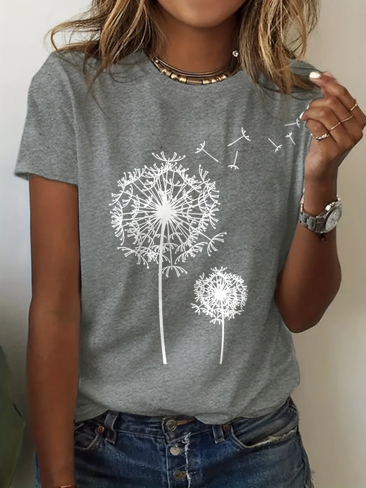 Camiseta de Mujer con Estampado de Diente de León – Cuello Redondo, Manga Corta, Estilo Casual para Primavera y Verano
