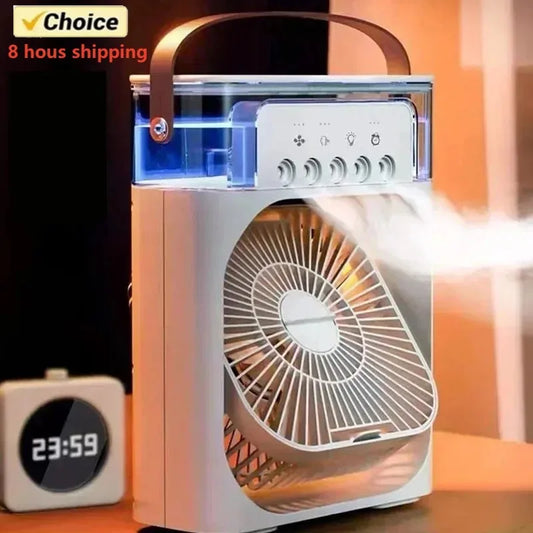 Ventilador 3 en 1 con Humidificador, Luz LED Nocturna y Aire Acondicionado Personal – Portátil, Silencioso y Recargable por USB