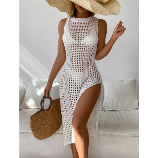 Vestido de Playa Tipo Ganchillo para Mujer – Cobertor Sexy sin Mangas con Abertura Lateral