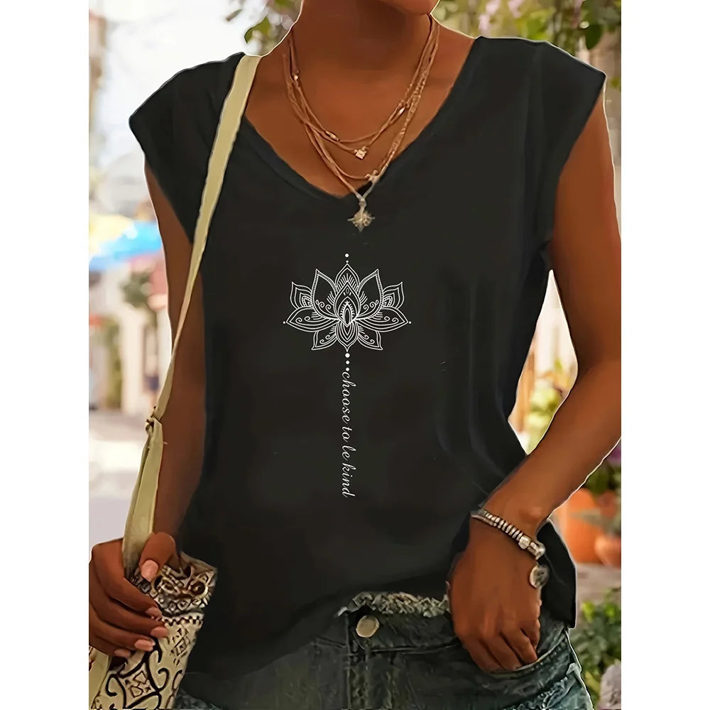 Camiseta sin Mangas para Mujer con Cuello en V – Estampado Verano, Estilo Casual