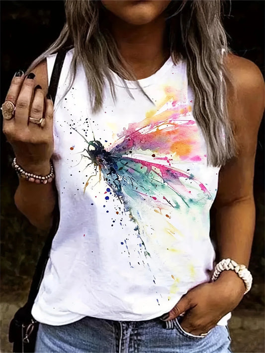 Summer Sleeveless T-shirt – Colorful Dragonfly Print, Loose Fit