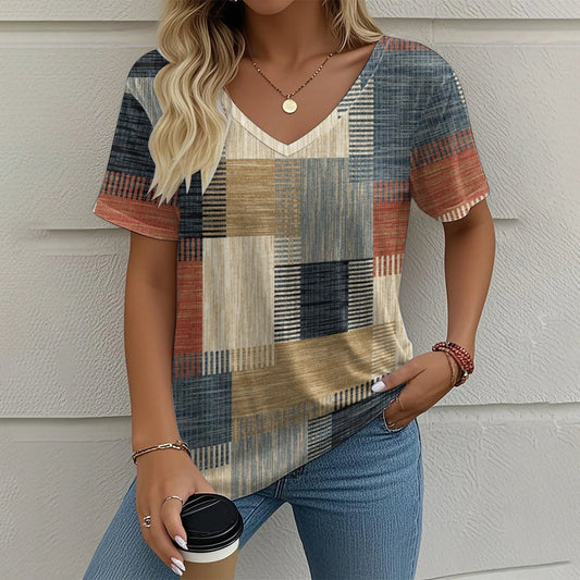 Camiseta Vintage para Mujer con Cuello en V – Top Casual con Estampado de Cuadros para Verano