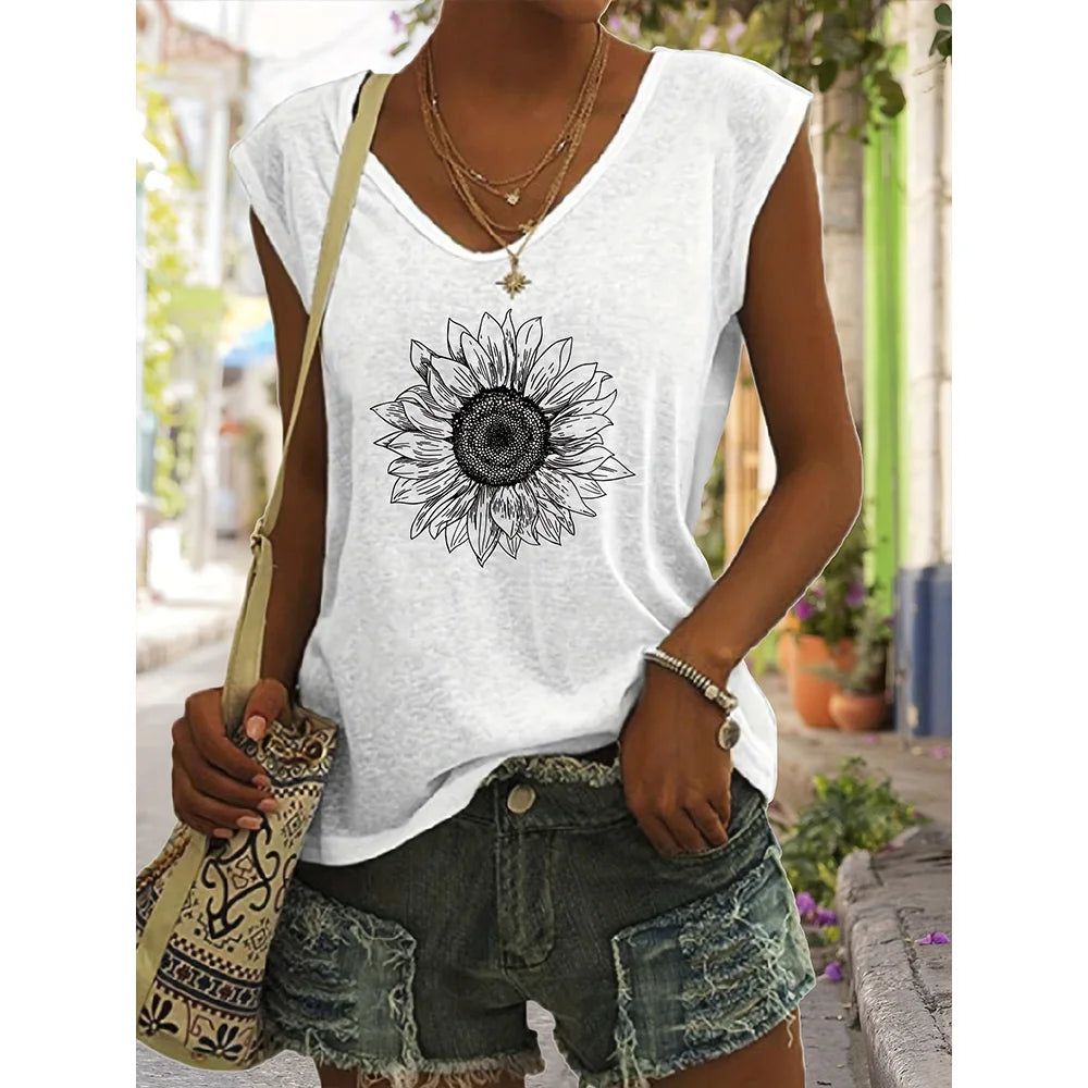 Camiseta sin Mangas para Mujer con Cuello en V – Estampado Verano, Estilo Casual