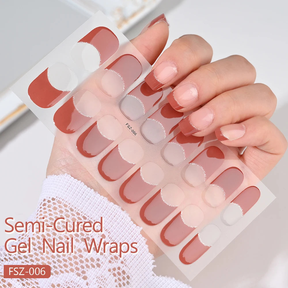 Uñas en gel semicurado UV – 16 tiras adhesivas 5D de larga duración, acabado profesional