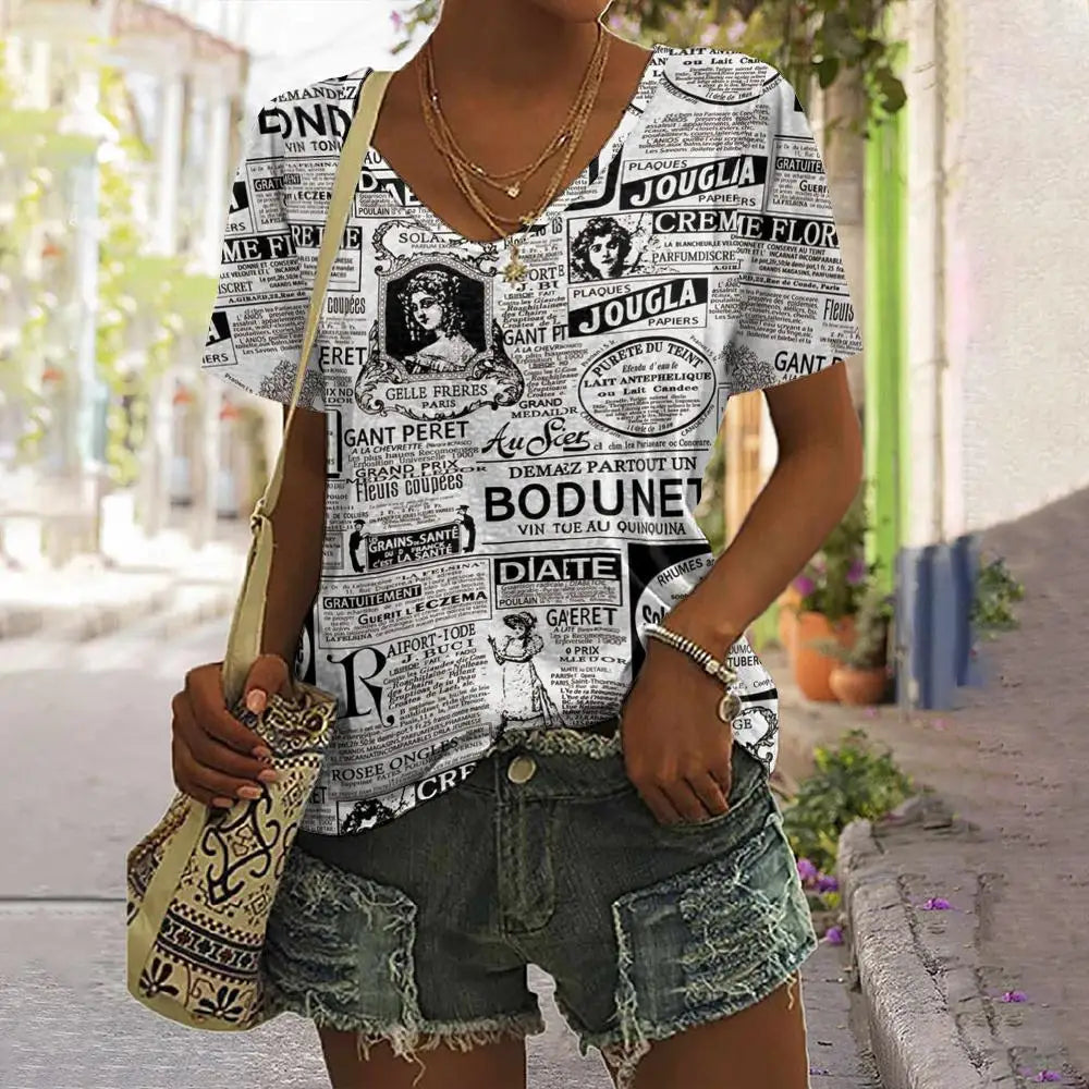 Camiseta Vintage de verano con estampado – Camiseta de cuello en V