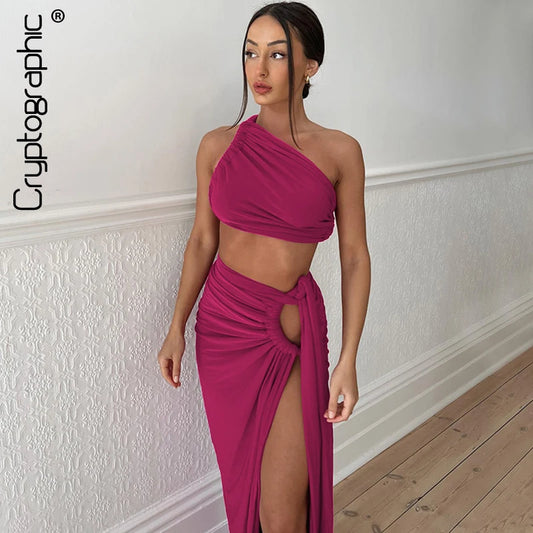 Conjunto de 2 piezas para mujer – Vestido fruncido de tiro alto con top asimétrico